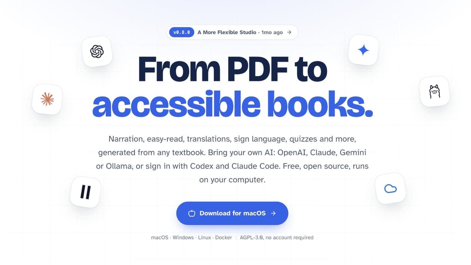「From PDF to accessible books」という見出しとダウンロードボタンが表示されたADT Studioのホームページ